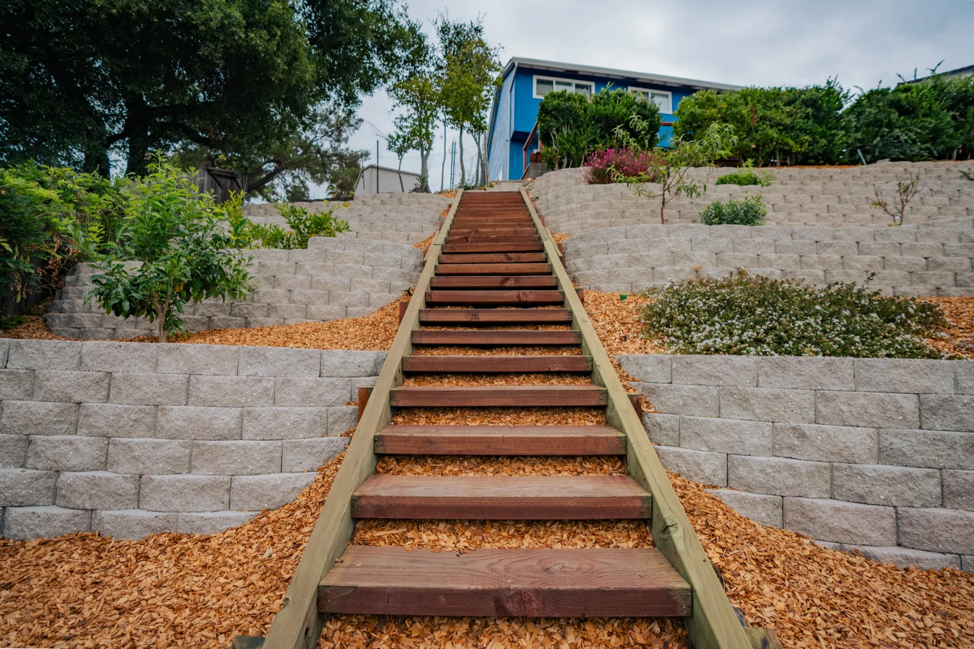 New timber stairway climbing between block retaining walls and mulched terraces